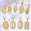 18K Gold Plated Catholic Christian Praying Hands Jewelry Hamsa Hand Charm Crystal Rhinestone Cameo Virgin Mary Pendant Necklace