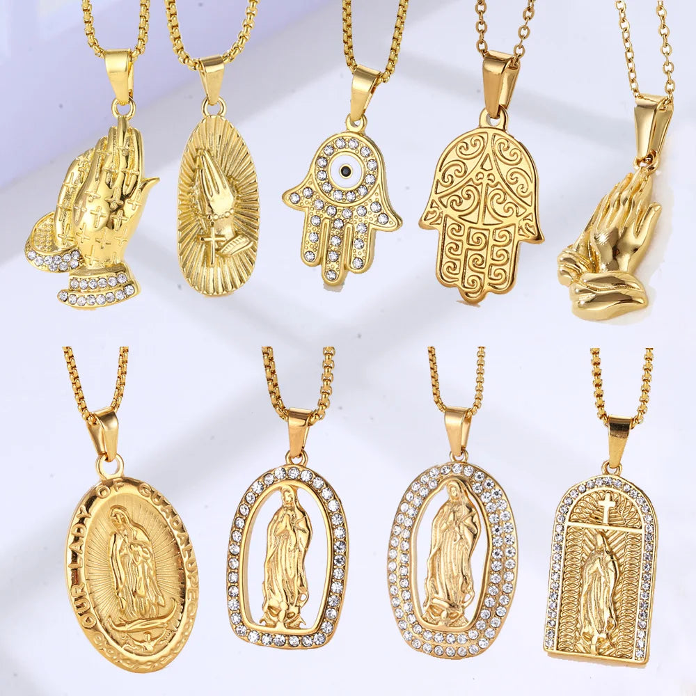 18K Gold Plated Catholic Christian Praying Hands Jewelry Hamsa Hand Charm Crystal Rhinestone Cameo Virgin Mary Pendant Necklace