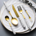 Marble Handle Portable Table Luxury Wedding Cutlery Golden Forks Spoons Stainless Steel Flatware Set