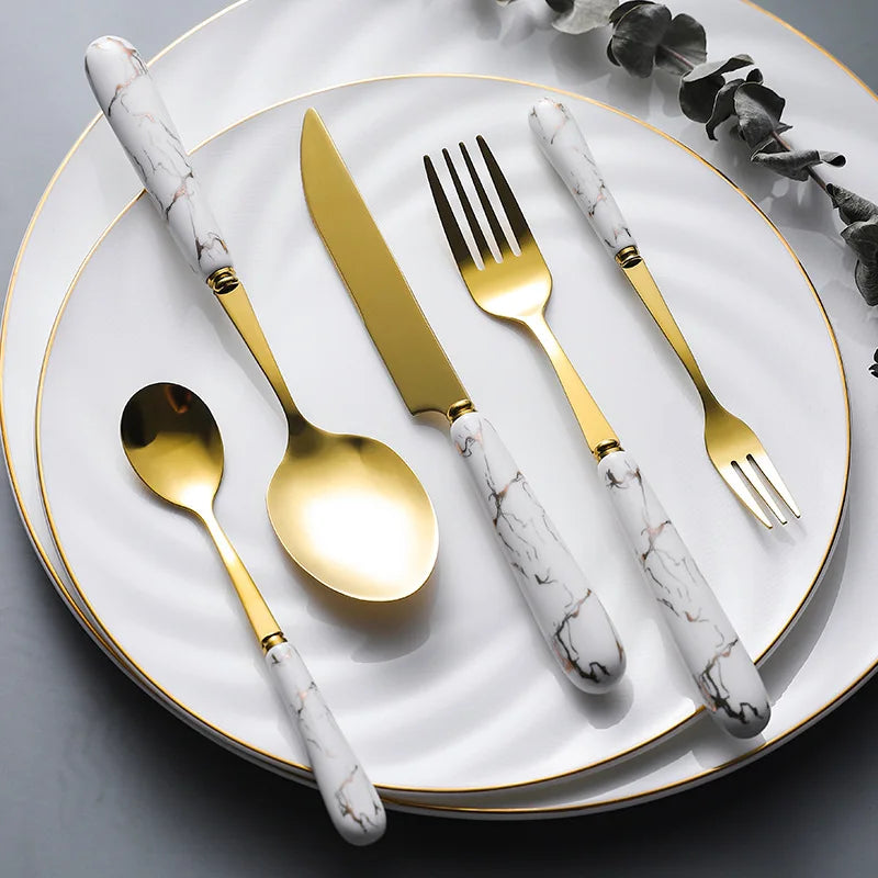 Marble Handle Portable Table Luxury Wedding Cutlery Golden Forks Spoons Stainless Steel Flatware Set