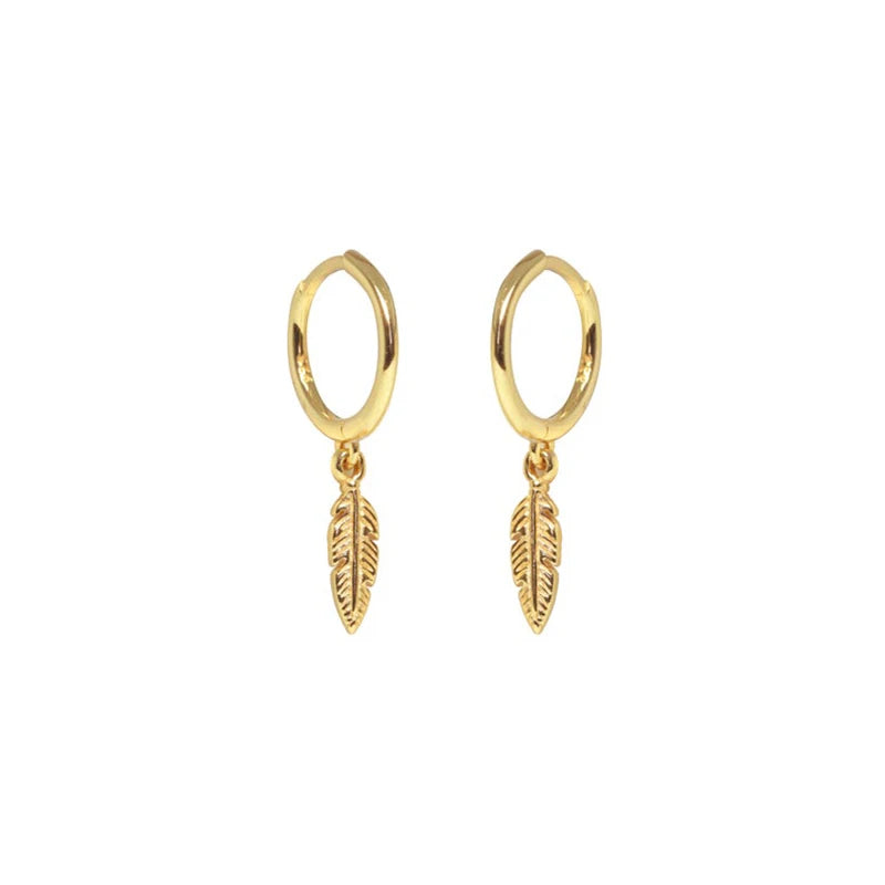 ROXI S925 Sterling Silver Feather Pendant Earrings Ear Buckle 18K Gold Hoop Earrings