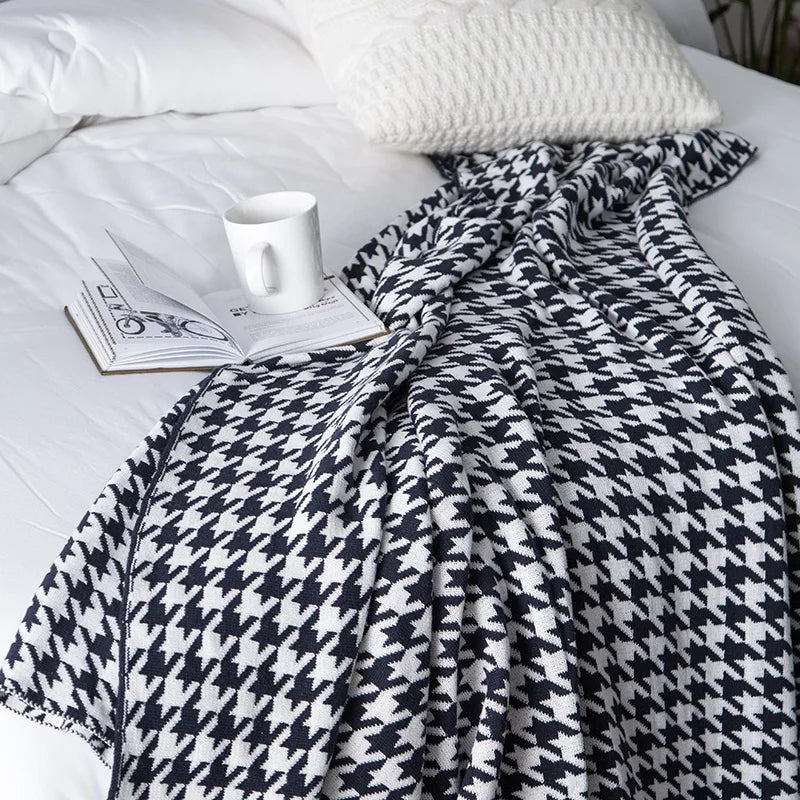 QNG Wholesale Ins Houndstooth Jacquard 100% Cotton Knitted Throw Blanket Home Decor
