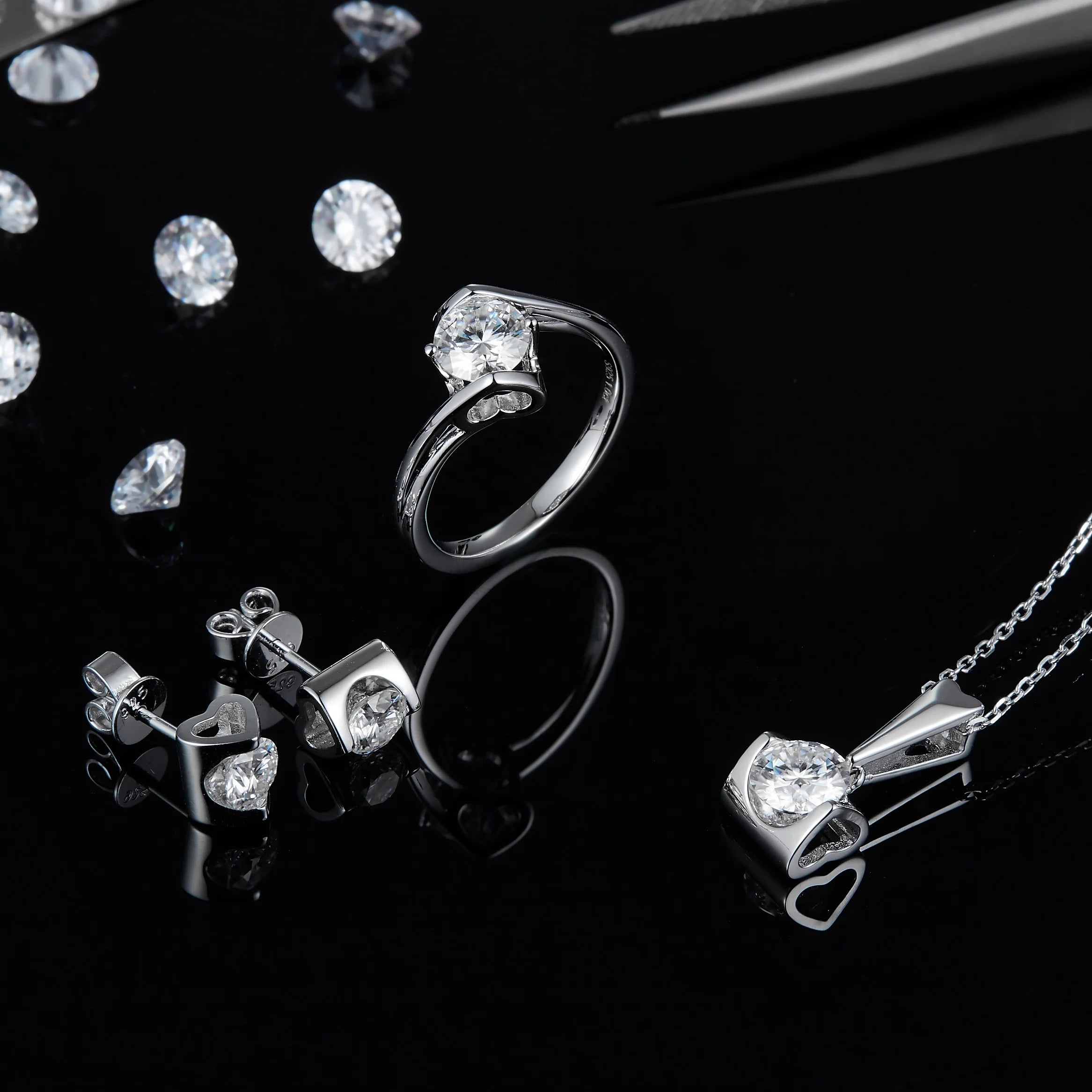 Abiding Jewelry Wholesale Pure Silver Moissanite Ring Necklaces and Earrings Wedding Jewellery Set