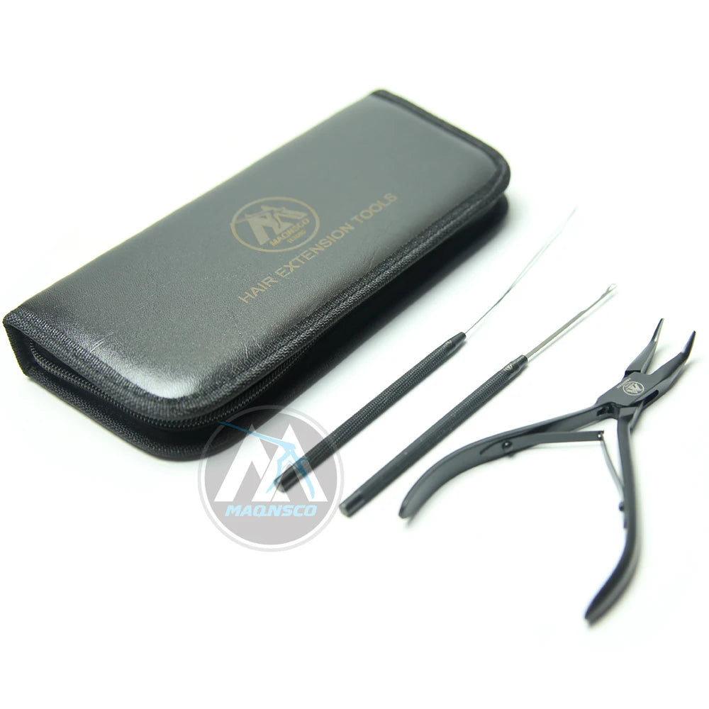 Mayra 5-Inch Premium Stainless Steel Micro Ring Cur Pliers Kit with Loop/Pulling Needles and Hair Extension Beading Tool Black