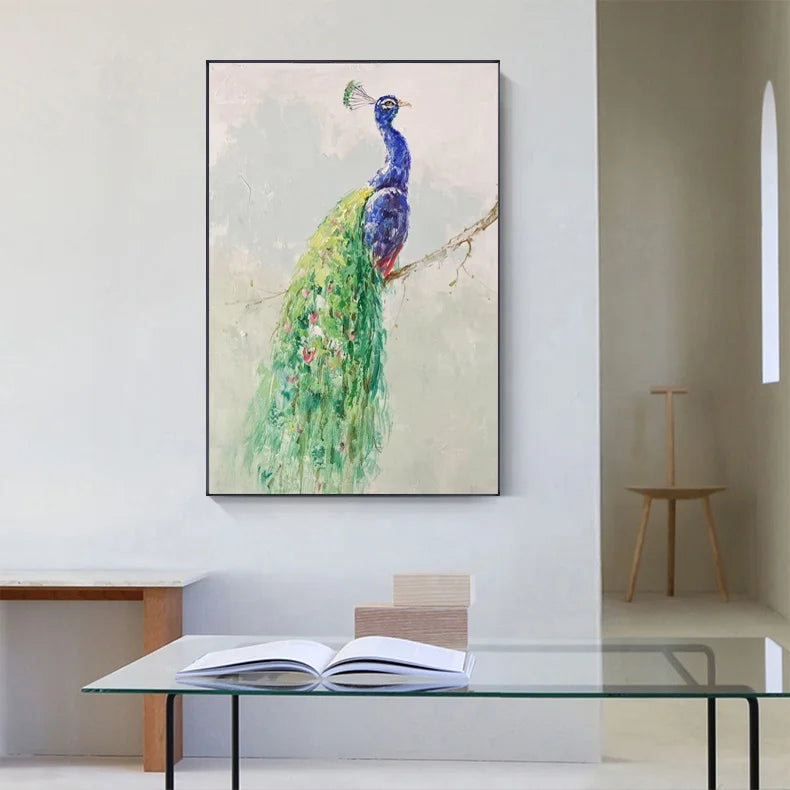 Handmade Modern Abstract Oil Painting of Animal Peacock on Canvas Home Decor Art