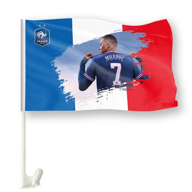 Custom 30x45cm Polyester Car Flag with French Player Mbappe Fiberglass Flagpole for Football Team Fans