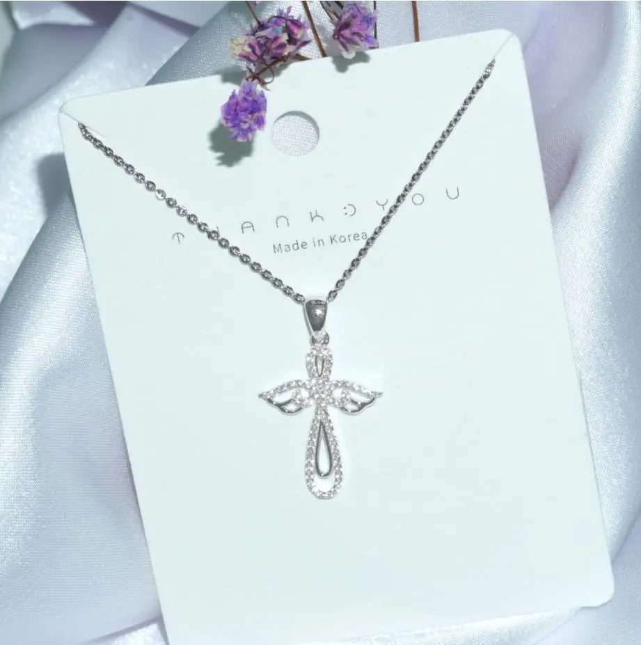 Women's Trendy Sterling Silver White Zircon Angel Cross Pendant Necklace Link Chain for Engagement Wedding Anniversary Gift