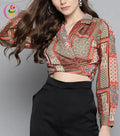 Custom Women's Bohemian Geometric Printed Chiffon Crop Top Vintage Woven Puff Sleeve Wrap for Spring Casual Style
