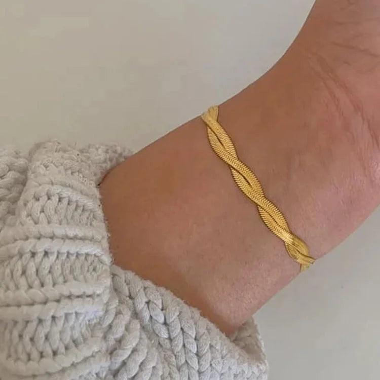 Trendy Hip Hop Jewelry Layered Adjusted Stainless Steel Bracelet Double Twisted 18K Gold Herringbone Flat Snake Chain Bracelet