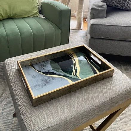 Amazing and Luxe Glass Tray with Print Abstract Emerald and Bronzing Decorative Luxury Marble Gold Serving Tray