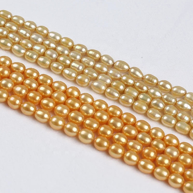 6-7mm/7-8mm Gold Color Freshwater Pearl Beads Rice Shape Pearls Strand for Jewelry Making DIY Bracelet Necklace