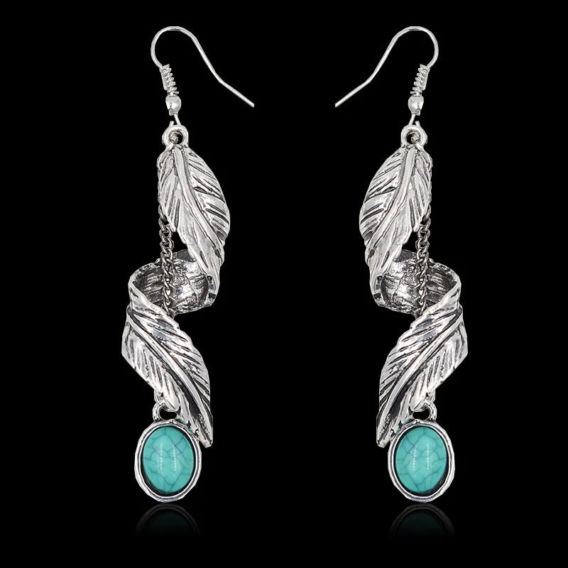 Ethnic Tribal Jewelry Silver Earring Native Silver Long Link Turquoise Dangle Earring Feather Leaves Curly Hollow Drop Earring MegaBDM