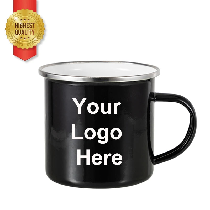 PYD Life Factory Price 48 PCS 12 OZ Camping Metal Black Enamel Camping Mug Black Custom Silver Rim with White Logo