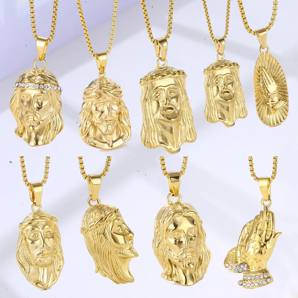 18K Gold Plated Catholic Christian Jesus Head Charm Jewelry Steel Hamsa Hand Necklace Crystal Rhinestone Jesus Piece Necklace