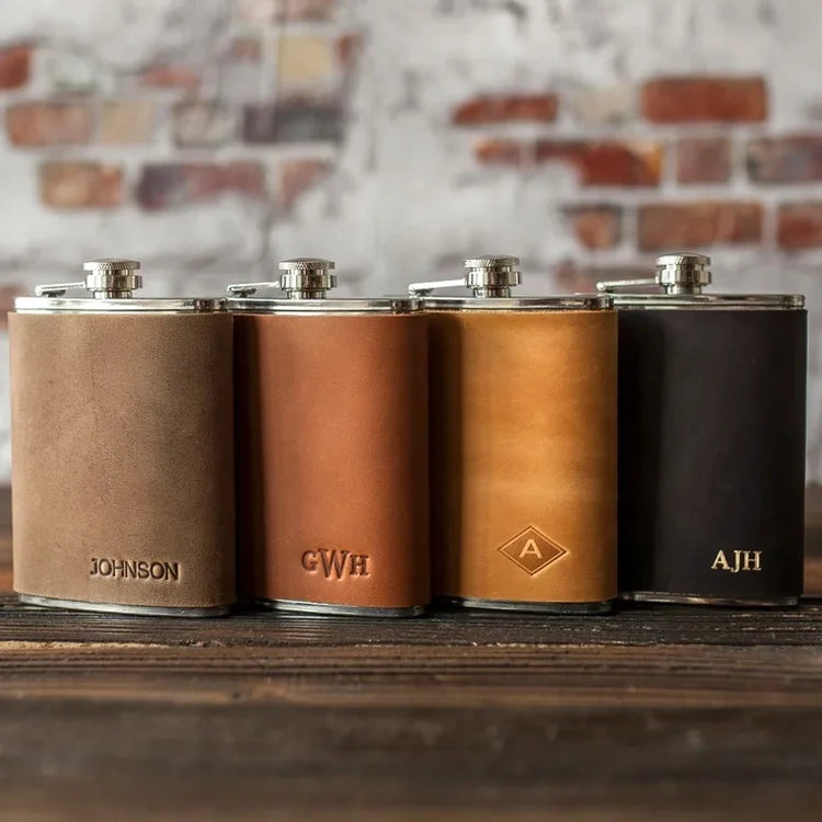Luxury Groomsmen Gift Personalized Laser Engraved Logo Stainless Steel Blank Laserable Leatherette Hip Flask for Men