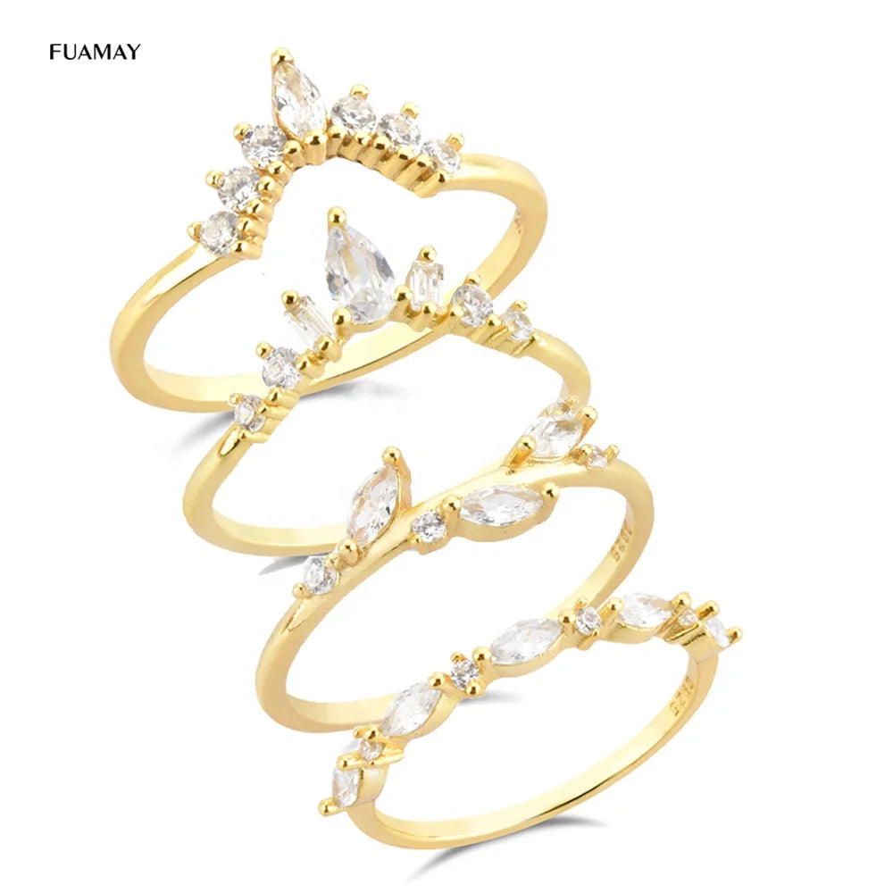 FUAMAY Ladies Dainty Crown Stacked Rings Gold Plated Sterling Silver Tree Leaf Diamond Slim Engagement Rings