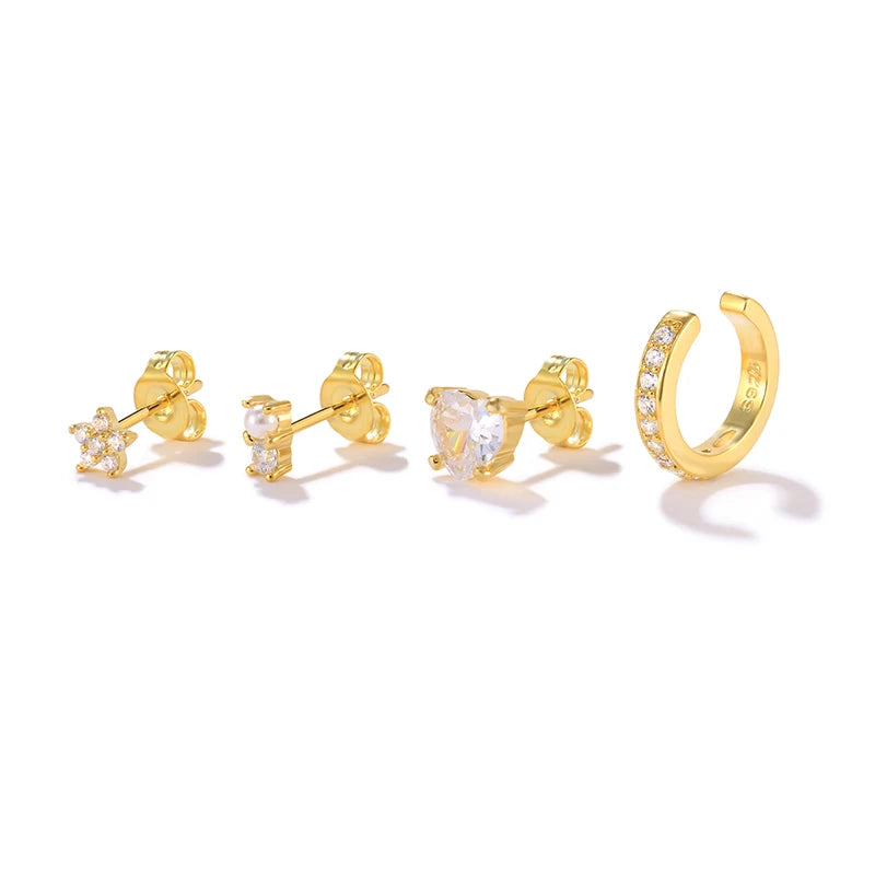 ROXI Small Flower Pearl love Heart Stud Earring Set Zircon Hoop Earring Ear Clip Four-piece Set