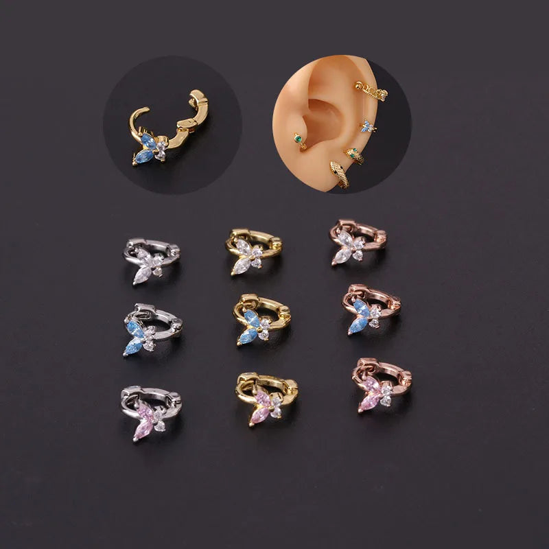 POENNIS Gold Filled Bule pink White Cz Zircon Stainless Steel butterfly Hoop Earrings 11 Cartilage Piercing Jewelry