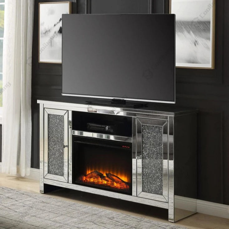 Coolbang Modern Vanity Mirrored Crushed Diamond TV Stand Lift Cabinet With  Fireplace