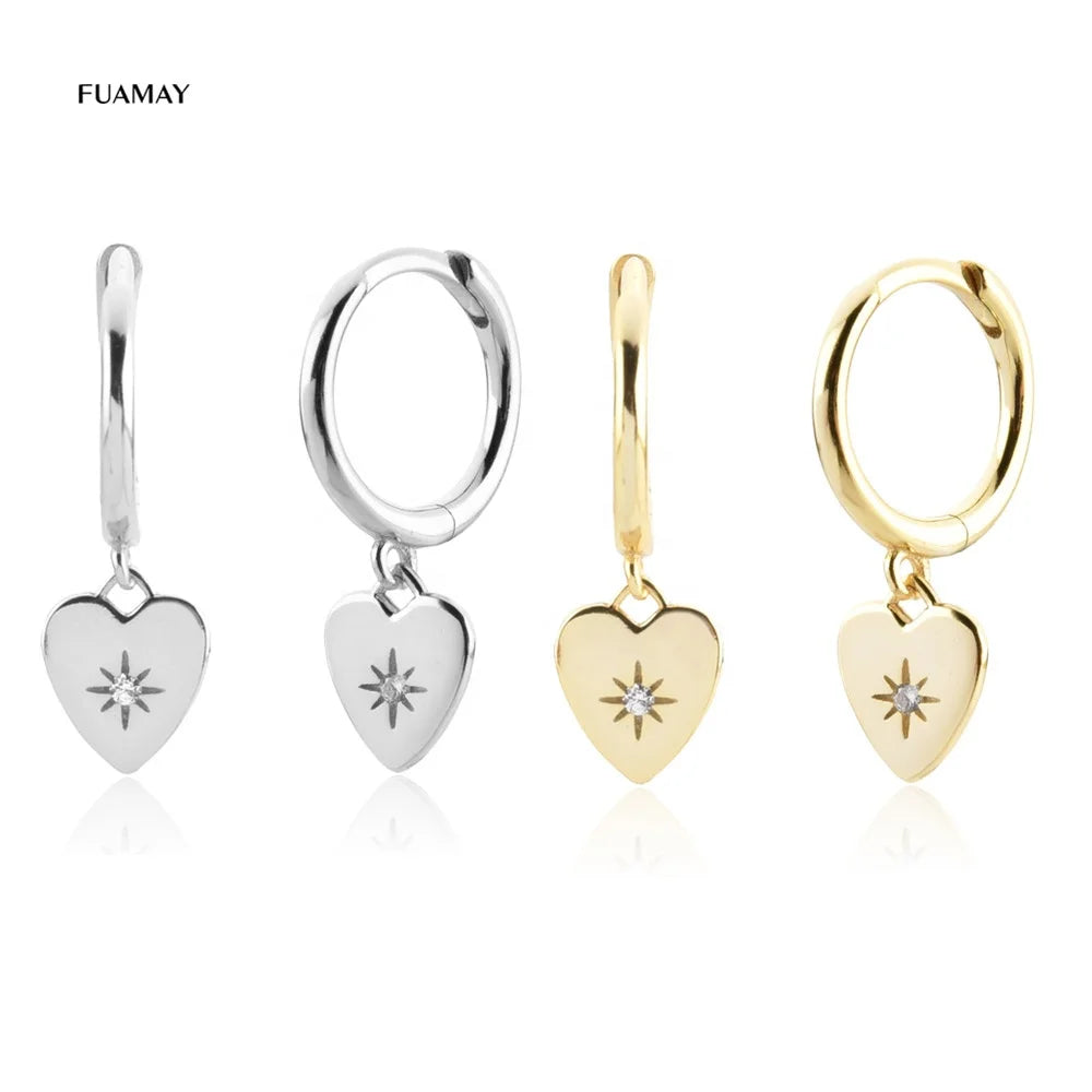 FUAMAY Boho Gold Plated Zircon Cute Starburst Heart Pendant Clip on Drop Earrings Sterling Silver Wedding Party Gift