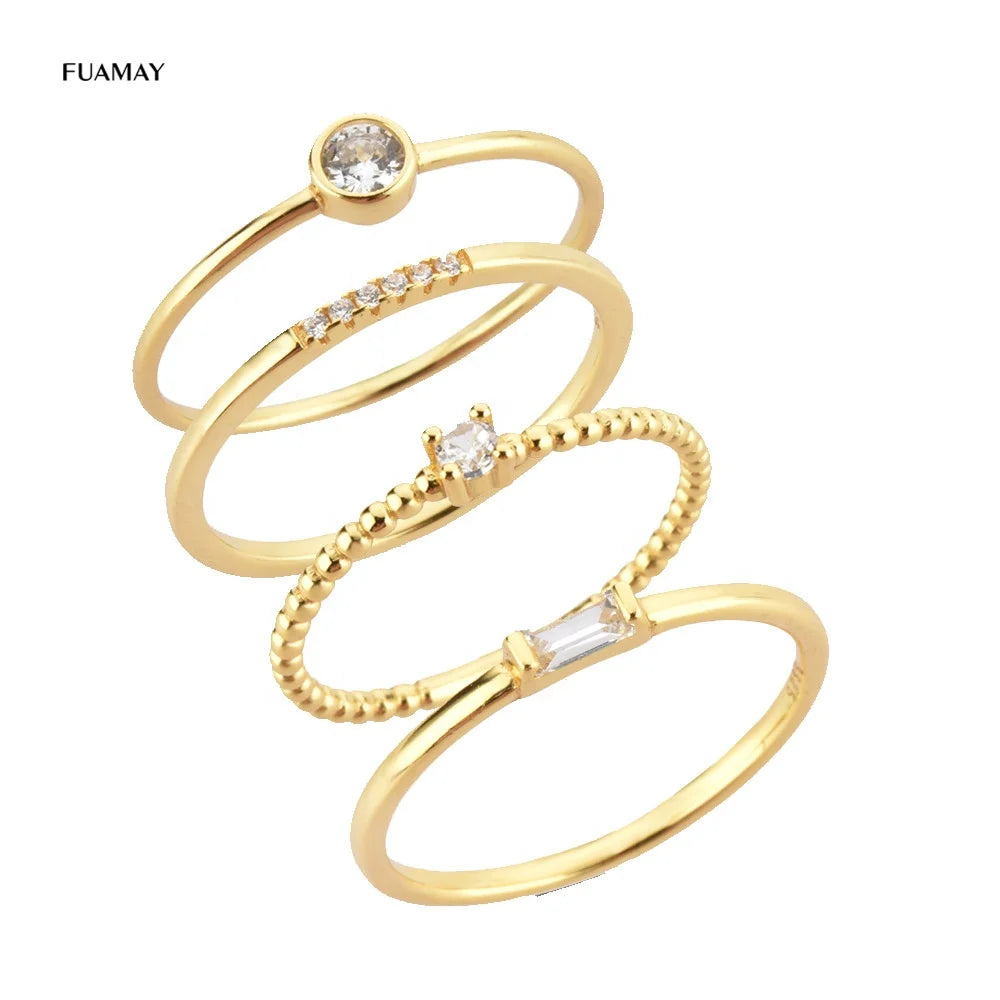 FUAMAY Simple Rhodium Gold Plated Zircon Engagement Rings Women 925 Silver Bohemian Style Pave Setting Wedding Anniversary Party