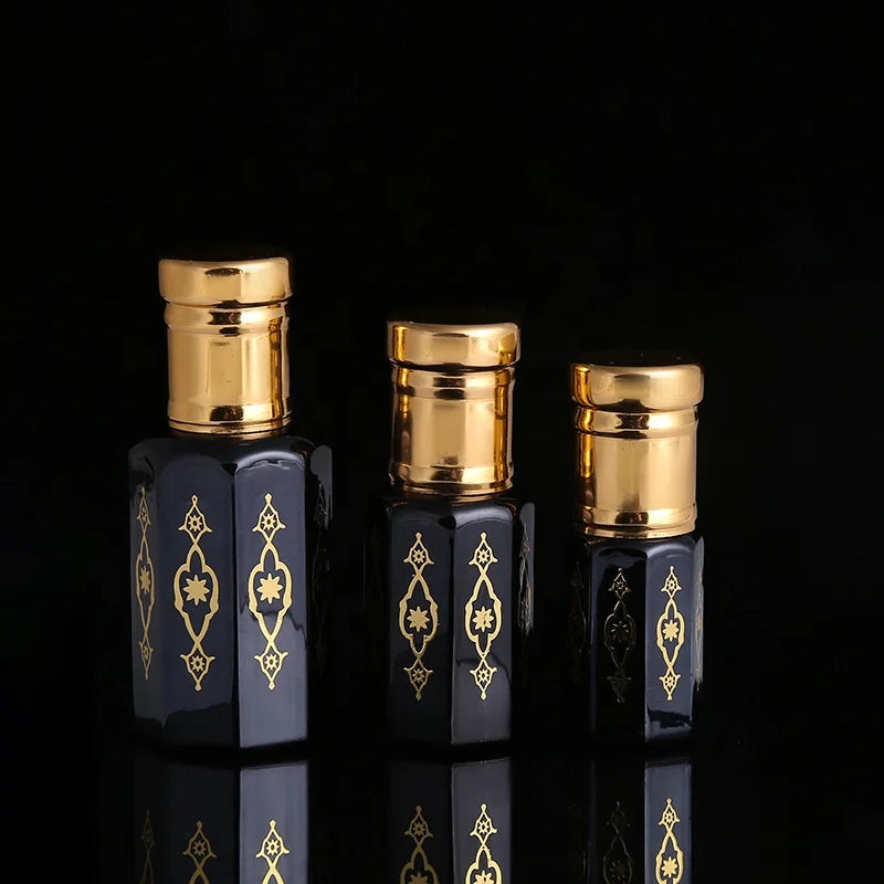 CJ-Factory Direct Sale Hot Stamping Custom Logo Octagonal Shaped Black Arabian Empty Oud Attar Perfume Oil Glass Oud Bottles