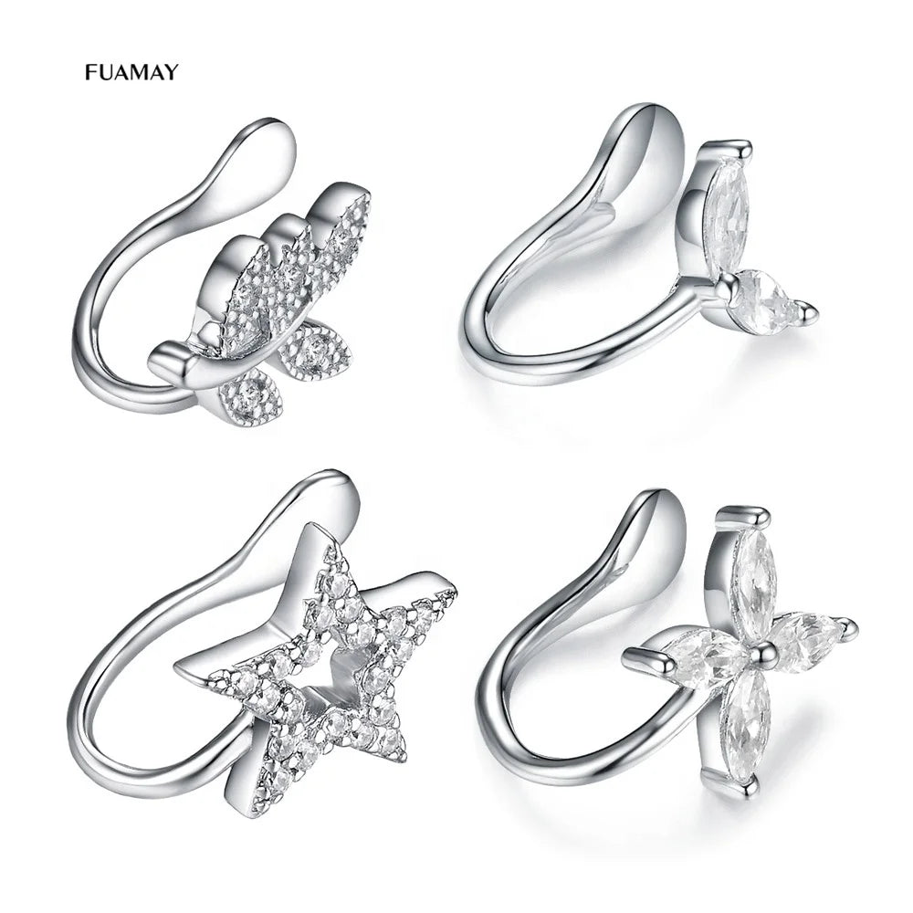 FUAMAY 925 Silver Gold Zircon Minimal Cartilage Star Flower Leaf Ear Cuff Earrings No Piercing Hanging Jewelry for Party