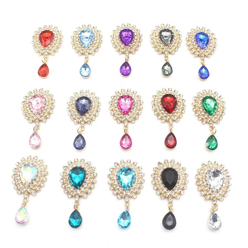 New Arrival 3D Double Row Water Drop Pendant Gold Bottom Glass with 16 Color Loose Rhinestones Sew-On Technique