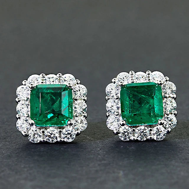 Luxury Female Emerald Green Square Earrings Sterling Silver Wedding Vintage Prom Emerald Studs for Women
