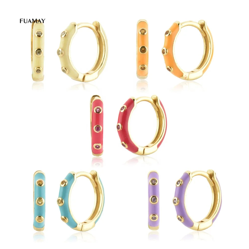 FUAMAY 925 Sterling Silver Gold Plated Hoop Earrings Small Colorful Neon Enamel Metal Earings