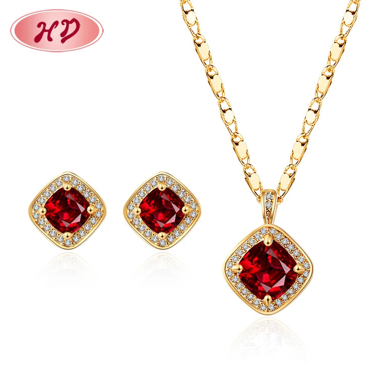 Bulk Fancy Luxury Noble square Stone Red Diamond Cubic Zirconia 18k Gold Plated 3 Pcs Jewelry Sets for Women Party Anniversary