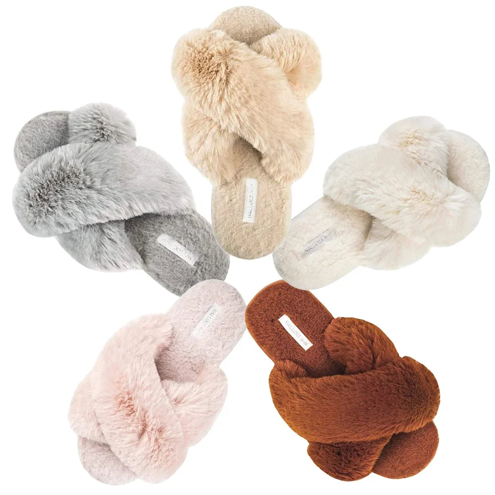 Cross Strap  Open Toe Home Warm Women Fashion Cozy Plush Faux Fur Fuzzy Cozy Fluffy slippers
