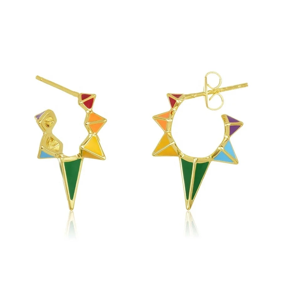 LOZRUNVE 925 Sterling Silver 18k Gold Enamel Colored Rainbow Spiked Hoop Earrings 18k Gold Plated Jewelry