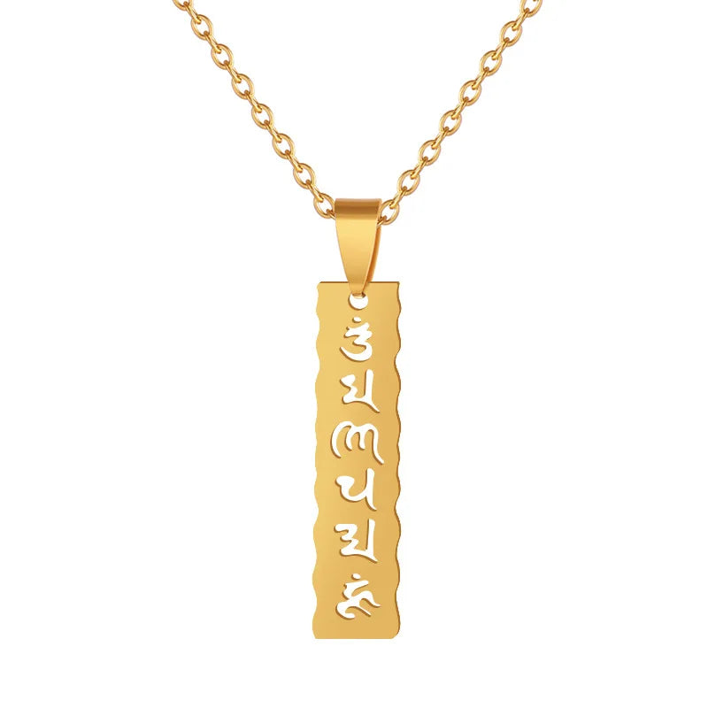 Waterproof 18K Gold Plated Buddhist Om Mani Padme Hum Necklace for Men Women Trendy Custom Cut-out Vertical Bar Pendant Necklace