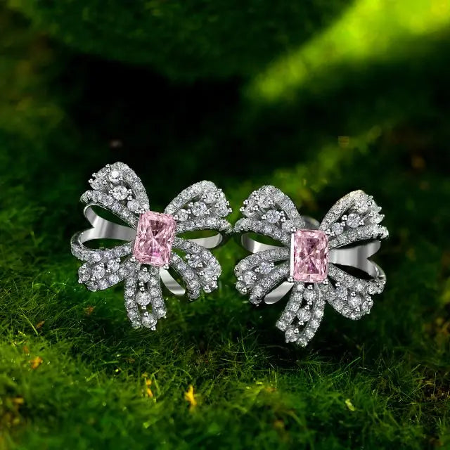 Charm Womens Studded Bowknot Earring Pink Cubic Zirconia 925 Sterling Silver Bowknot Designer Earrings