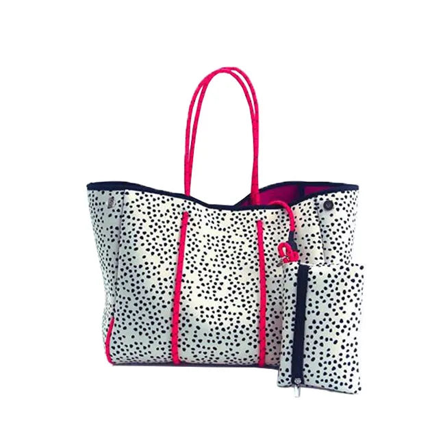 Women Sporty Large Tote Bag Cream Spotted Neoprene Tote Travel Pool Bag for Gym Tote Shopping Beach Fashion Perforated Neoprene