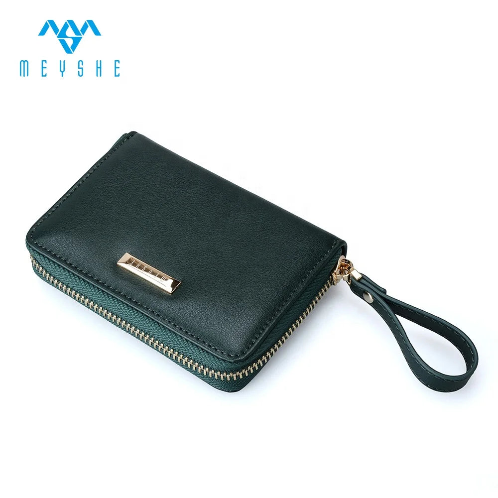 Genuine Leather Mini Clutch with Zippered Metal Logo Large Size Student Coin Purse with Round Pattern and Keychain