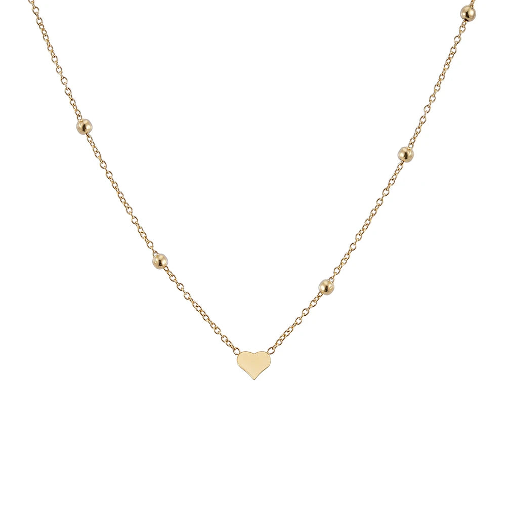 Ladies Elegant Gold Plated Bead Mirror Polished Heart Pendant Stainless Steel Necklace