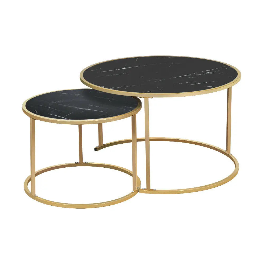 Minimalist Home Furniture Metal Nesting Tables with Black Glass Tops Round Sofa Table Tempered Glass Coffee Table