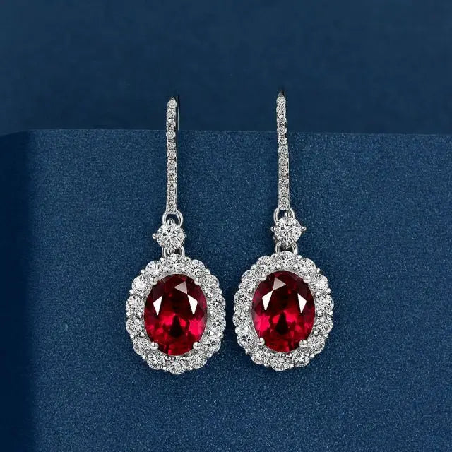 Vintage Oval Cut White Gold Natural Gemstone Earrings Red Ruby Earring for Women