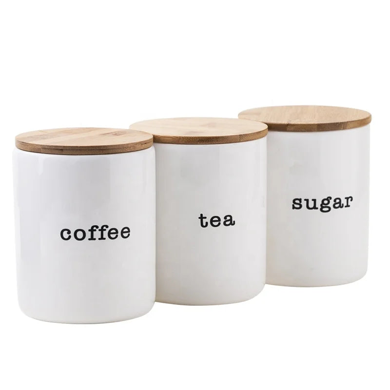 Wholesale Medium Kitchen Food Storage Container Condiments Custom logo Ceramic Jars with Bamboo Lid