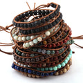 6mm India Agate Stone Women Customs Jewelry Leather Cord Handmade Gemstone Weave Bracelet Amazonite  2 Row Wrap Bracelet