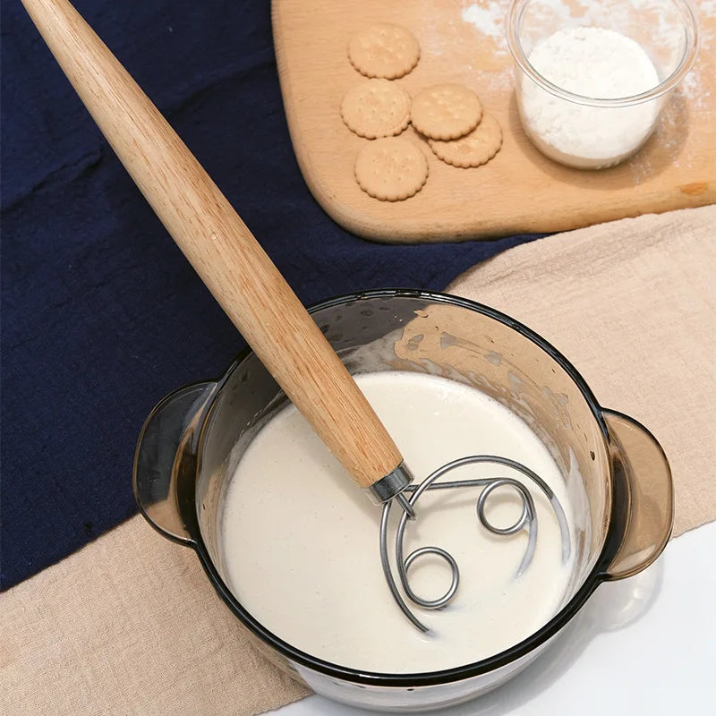 Kitchen Walnut Birch Beech Wooden Handle Bread Stainless Steel Danish Dough Whisk