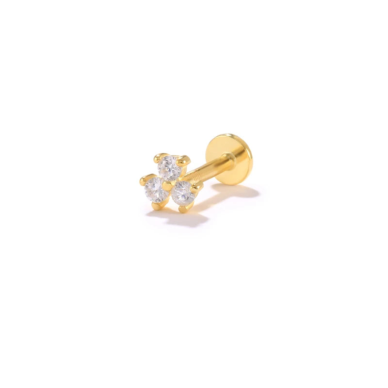 ROXI 16G Triple Zircon Diamond S925 Sterling Silver Stud Earrings Flat Head Thread Piercing Cartilage Earrings