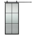 38 In. X 84 In. Black Metal 6-lite Glass Barn Doors Black Top Mounted Sliding Hardware Kit With Handle