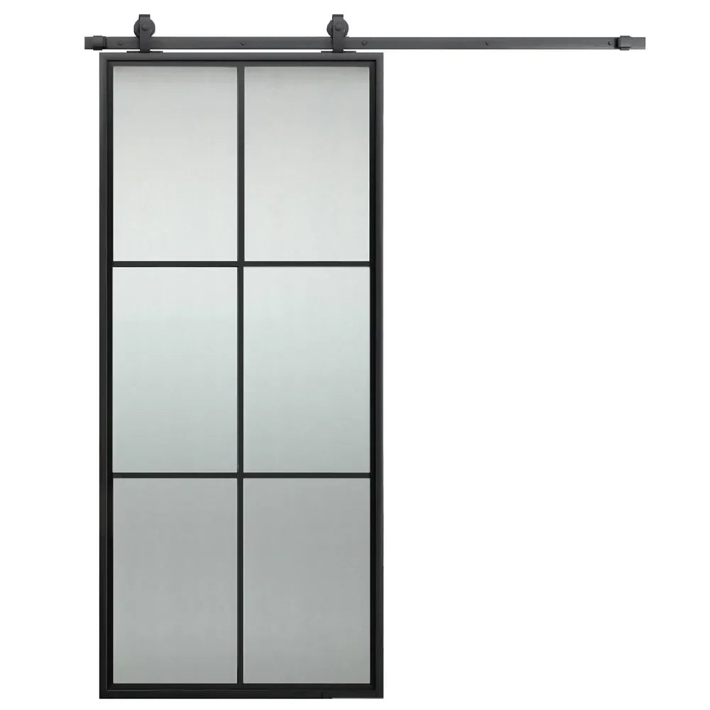 38 In. X 84 In. Black Metal 6-lite Glass Barn Doors Black Top Mounted Sliding Hardware Kit With Handle