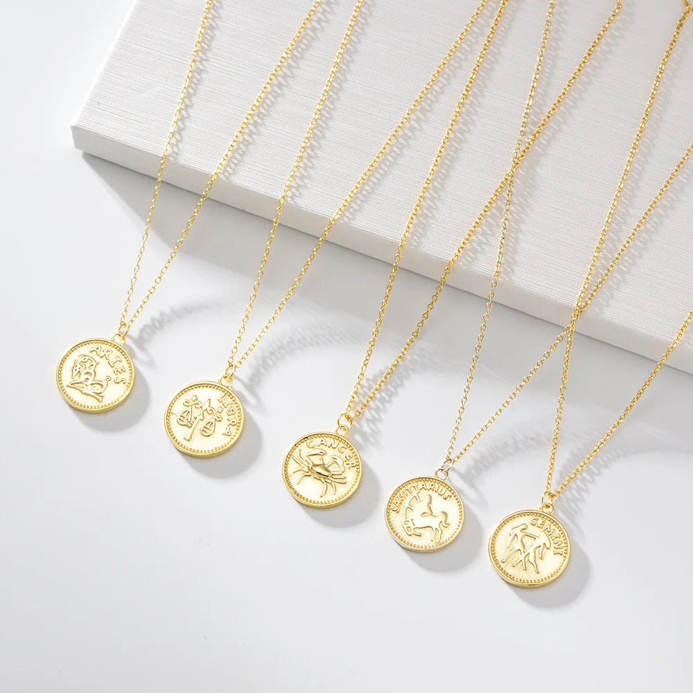 Fine Women Jewelry 925 Sterling Silver 14k 18k Gold Plated Zodiac Coin Horoscope Pendant Necklace