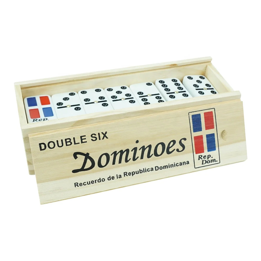 Kaile Professional Flag Domino Game Set Dominican Republic Map Enraved Double 6 White Domino Block Spinner in Wooden Box Factory