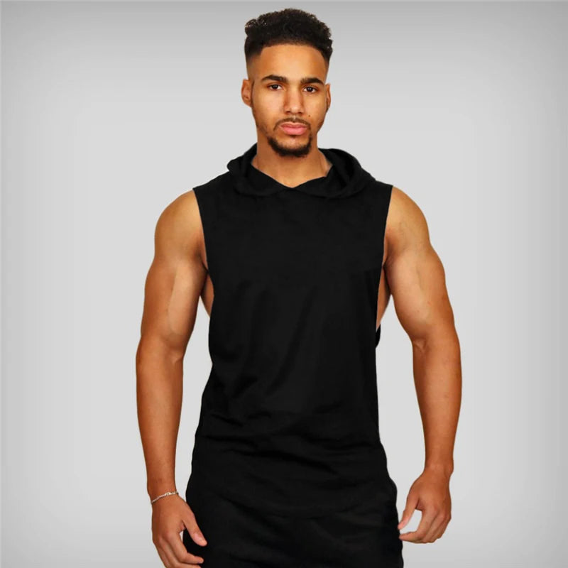 Men's Workout Hooded Tank Tops Bodybuilding Muscle Cut Off Sleeveless T Shirt Gym Hoodies Vest