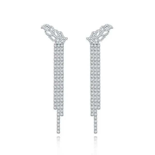 925 Sterling Silver Long Tassels Feather Tree Leaf Earrings with Zircon Fashion Drop Earrings for Wedding and Party